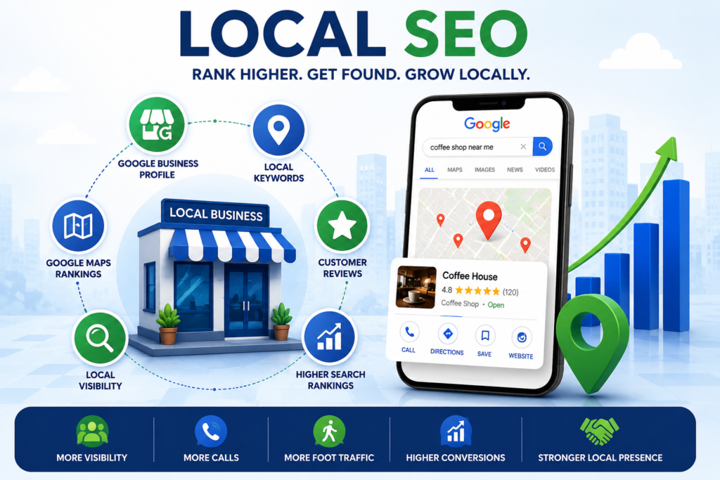 Infographic about Local SEO: a storefront surrounded by icons for Google Maps rankings, local keywords, visibility, reviews, higher rankings, and a smartphone showing a map and business card.